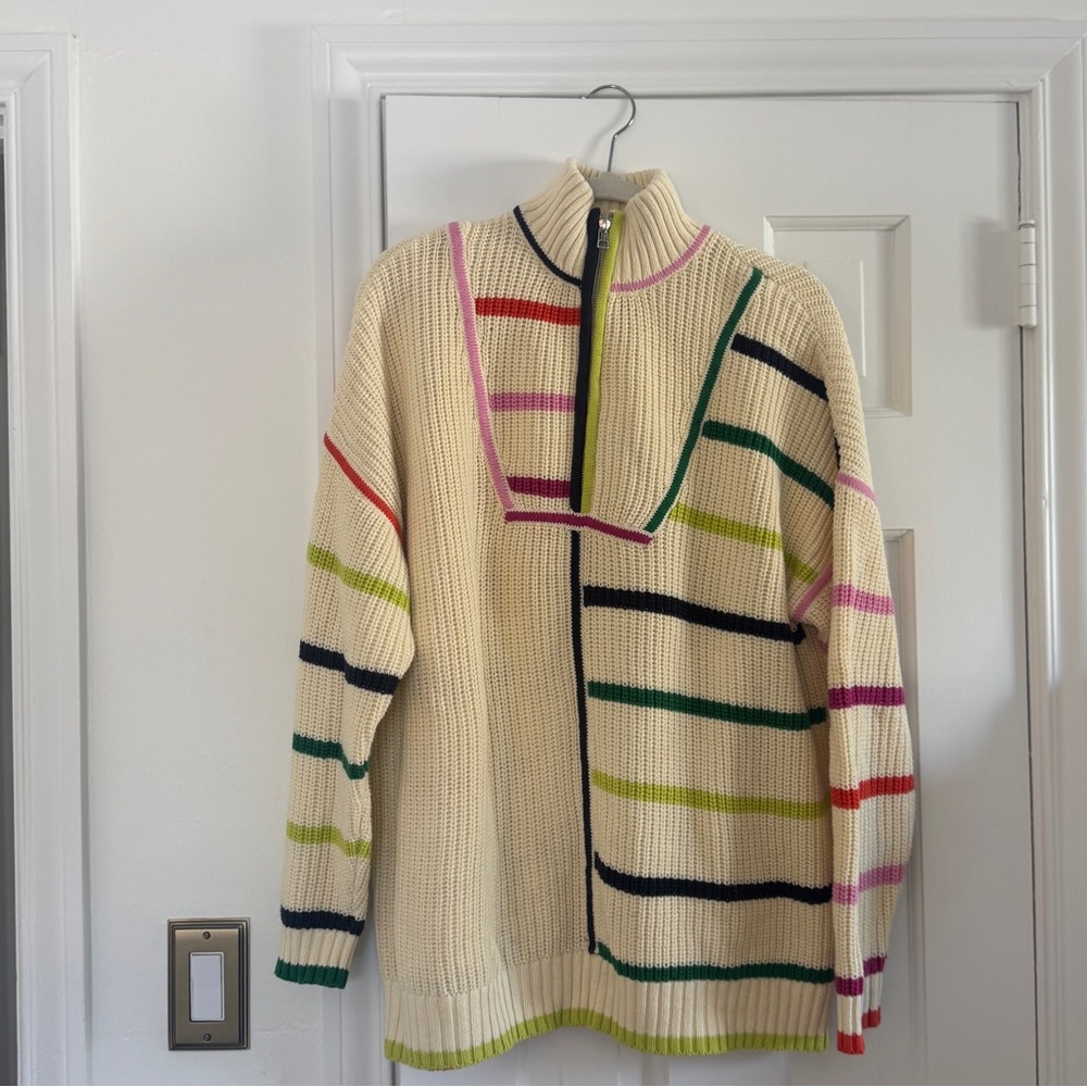 STAUD Cream Knit Sweater with Multicolor Stripes (Pink, Red, Green, Navy, Lime)